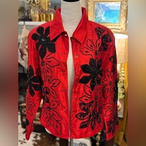 Beautiful Tunique Nights Red Silk Jacket with black embellishments.